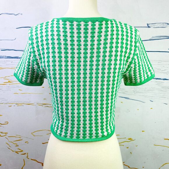 Zara Cropped Knit Blouse Medium Green White Pattern Cropped Knit Tie Front S/M - Picture 4 of 12